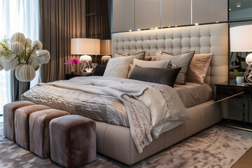 Luxury modern bedroom interior with elegant bedding. Stylish bedroom interior with large bed, pouf and bedside table.