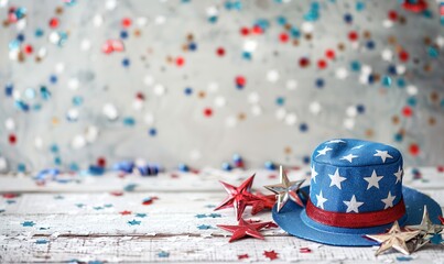 Red white and blue hat and stars with sparkles on gray background. AI Generated