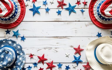 Red white and blue hats and stars on a white wooden background. AI Generated - 788769591