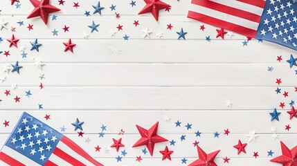 Red white and blue stars on a white wooden background. AI Generated - 788769597