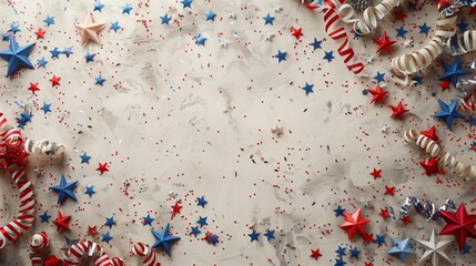 USA holiday decorations on a gray stone background, top view, flat lay - 788769725