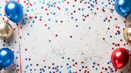 USA Independence Day decorations concept. Top view of red white blue balloons and stars confetti on a gray background - 788769776