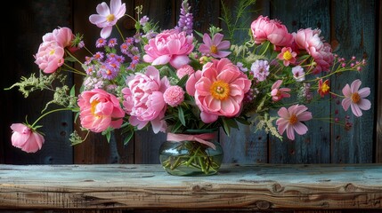   A vase, brimming with numerous pink blossoms, sits atop a weathered wooden table Beyond it lies a wood-paneled wall