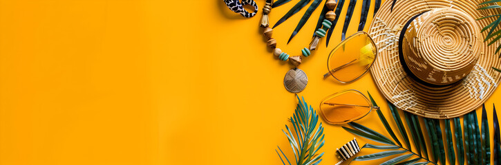 Fair trade accessories web banner. Ethical accessories from fair trade displayed on mustard yellow background with copy space. - obrazy, fototapety, plakaty