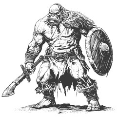 Fototapeta na wymiar ogre warrior full body images using Old engraving style