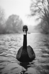 A black duck swimming in a lake with trees and buildings behind it, AI - obrazy, fototapety, plakaty