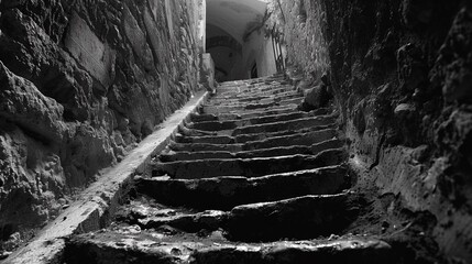 A black and white photo of a stairway leading to an underground tunnel, AI