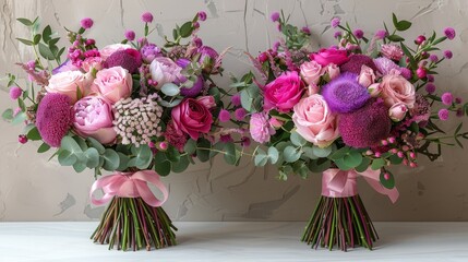   A tight shot of two vases, each adorned with blooming flowers, atop a table against a pristine white backdrop