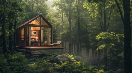 small cabin with big windows in the woods - Powered by Adobe