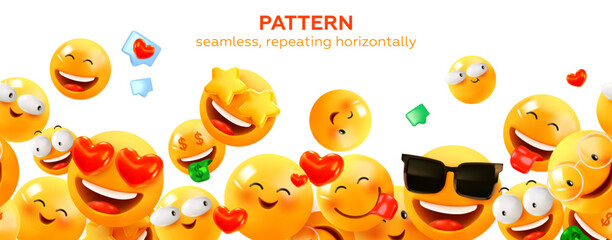Horizontal seamless border with smiles, emoji. Seamless pattern. Vector illustration
