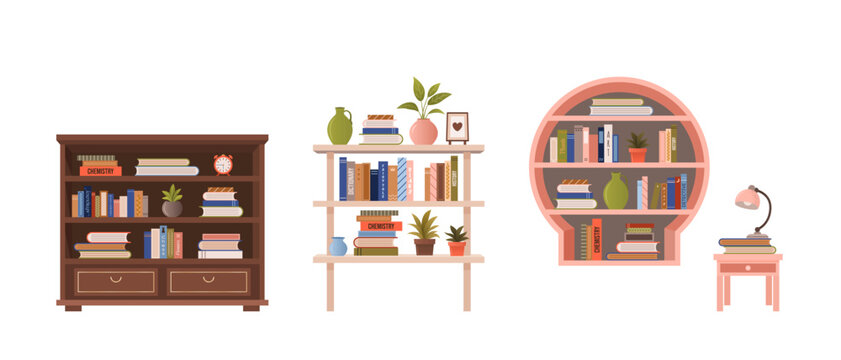 WeVarious bookcases, book cabinets, shelves with stacks of educational books, plants and objects. isolated vector flat illustrations for book store, World Book Day, book fair designs.