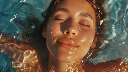 Dewy-skinned woman basks in the joy of summer, her beautiful face radiating with wellness by the pool