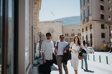 Three fashionable individuals walk together in an urban setting, exuding confidence and friendship on a bright sunny day.