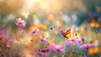 Field of colorful cosmos flower and butterfly in a meadow in nature in the rays of sunlight in summer in the spring close-up of a macro