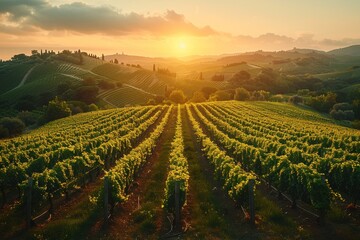 A captivating aerial view of a vineyard bathed in golden sunlight, where winemakers carefully tend to their vines, cultivating the finest grapes. - obrazy, fototapety, plakaty