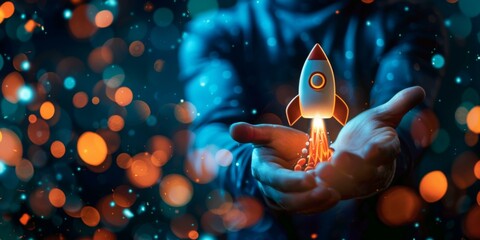 A person is launching a rocket ship in their hands. Generative AI.