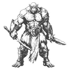 Fototapeta na wymiar ogre warrior full body images using Old engraving style