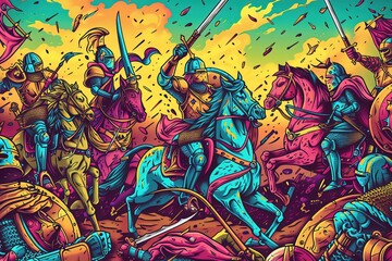 A group of mounted knights charges into battle, their lances splintering, their swords clashing, their horses thundering across the battlefield