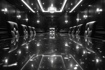 A dramatic shot of a corporate boardroom, where executives strategize and make decisions that shape the future of their organization with confidence and foresight.