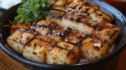   A close-up of a plate filled with tofu and vegetables on a worn wooden table Nearby, a bowl of steaming rice sits in readiness
