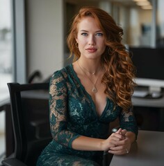 Serious beautiful attentive young redhead woman looking at camera. Thirty-year-old woman with beautiful red hair. Business woman at work desk.