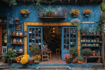 Fototapeta premium A striking storefront adorned with colorful displays, beckoning passersby to step inside and explore a world of unique treasures and delights.