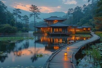 A tranquil lakeside retreat surrounded by nature, offering a peaceful escape for weary travelers seeking rejuvenation and relaxation. - obrazy, fototapety, plakaty