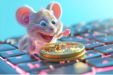 A mischievous mouse hacks into a Bitcoin exchange, its tiny fingers flying across the keyboard, its mind focused on pilfering digital riches - obrazy, fototapety, plakaty