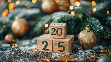 a festive and elegant greeting for the new year 2025 The new year 2025 is highlighted by wooden blocks - obrazy, fototapety, plakaty