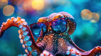 Funny octopus wearing sunglasses in studio with a colorful and bright background - obrazy, fototapety, plakaty