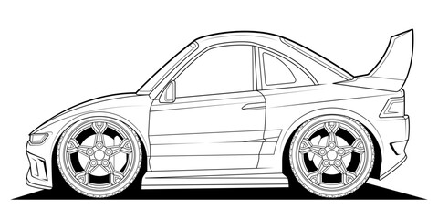 Vector line art cartoon car, concept design. Vehicle black contour sketch illustration isolated on white background. Stroke without fill. Cower drawing. Stylized sports auto
