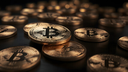 Bitcoin Crypto currency, Gold Bitcoin, BTC, close up. Bitcoin coins on black background. Blockchain technology, bitcoin mining concept.