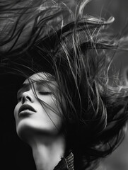 Monochrome Portrait of Woman with Wind in Hair.