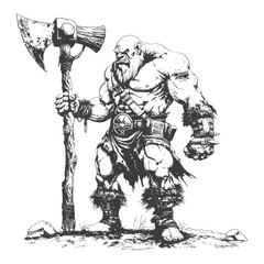 Fototapeta na wymiar ogre warrior with big hammer full body images using Old engraving style