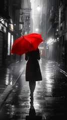 Red Umbrella on a Rainy Noir Street.