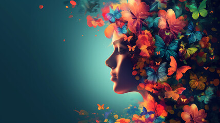 A woman's face is surrounded by a colorful butterfly design