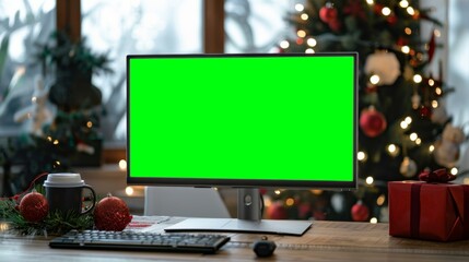 A computer monitor with a green screen on it sitting in front of christmas decorations. AI.