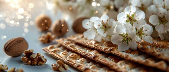 A close up of crackers with nuts and flowers on a table. AI. - Powered by Adobe