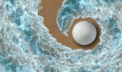 Beach Volleyball as a ball on a sandy beach with a cool sea wave or ocean water as a summer sports fun activity symbol as an outdoor game. - 788772935