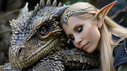 A woman with elf ears and a dragon head resting on her shoulder. AI.