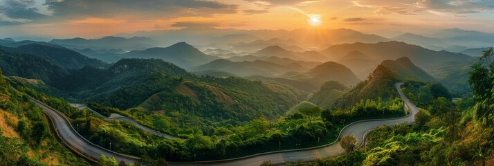 A winding road in the mountains with a sun setting. AI. - Powered by Adobe