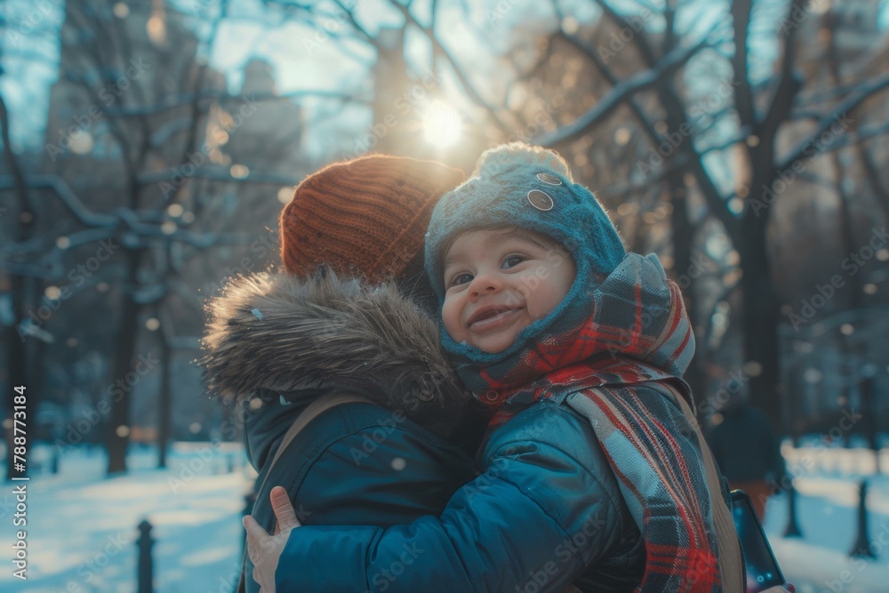 Poster A child is hugging a woman in the snow. AI.