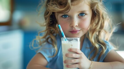 A young girl with blue eyes holding a glass of milk. AI. - Powered by Adobe
