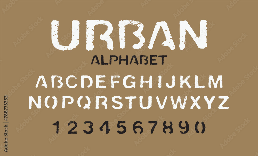Fototapete set of letters and numbers of the latin alphabet. font urban stencil with in grunge style