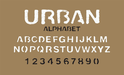 set of letters and numbers of the latin alphabet. Font urban stencil with in grunge style - 788773353