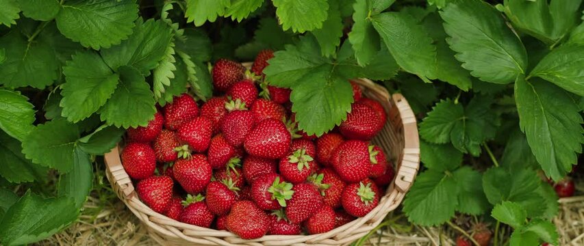 A basket full of ripe strawberries sits among the leaves. Vibrant red berries overflow the woven container, showcasing abundance.