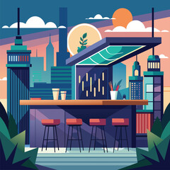 Naklejka premium A minimalist rooftop bar with a stunning view of the cityscape A chic rooftop bar with a simple, minimalist aesthetic and stunning city views