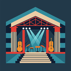 Obraz premium A stage featuring guitars and vibrant lights, ready for a performance A sophisticated music venue with a minimalist design and top-notch acoustics
