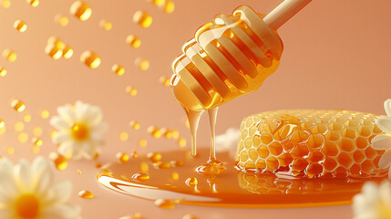Golden Honey Drizzle and Honeycomb with Flowers. - obrazy, fototapety, plakaty