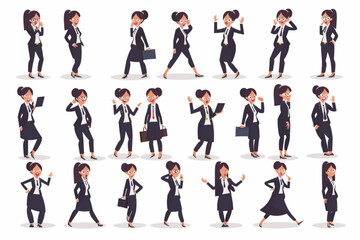 Businesswoman character set. Business woman or office worker in different poses, actions and gestures. Manager thinks, rejoices in success, puts together a puzzle vector icon, white background, black 